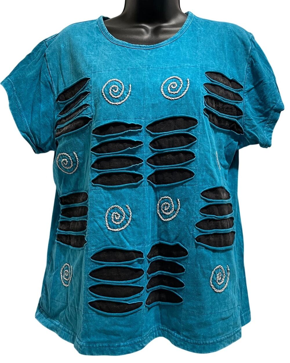 Shop Therapy Blue Black Short Sleeve Textured T-Shirt - Size S/M - Vintage 90's